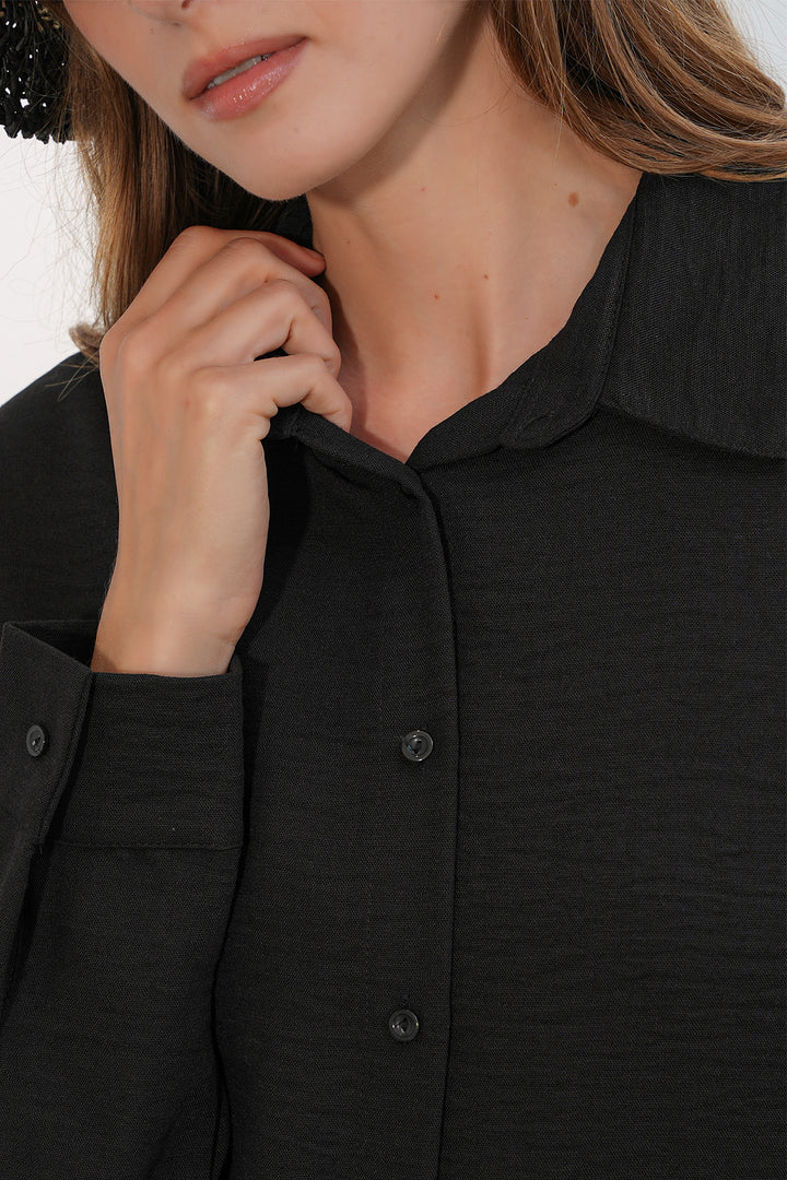 BGD Women Kadın Oversize Keten Gömlek 20338 - Siyah - Lemgo