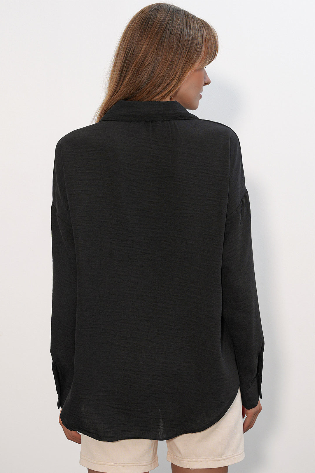 BGD Women Kadın Oversize Keten Gömlek 20338 - Siyah - Lemgo