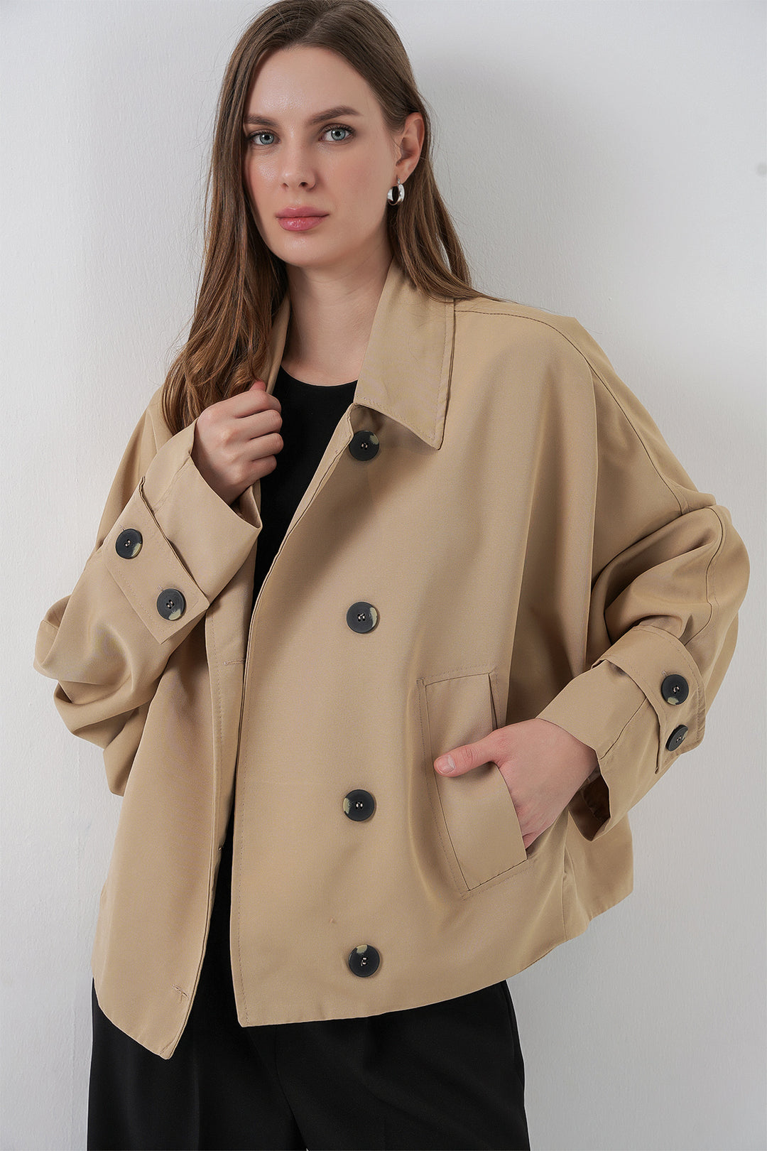 BGD Women Kadın Oversize Kısa Trençkot 5977 - Bej - Narva