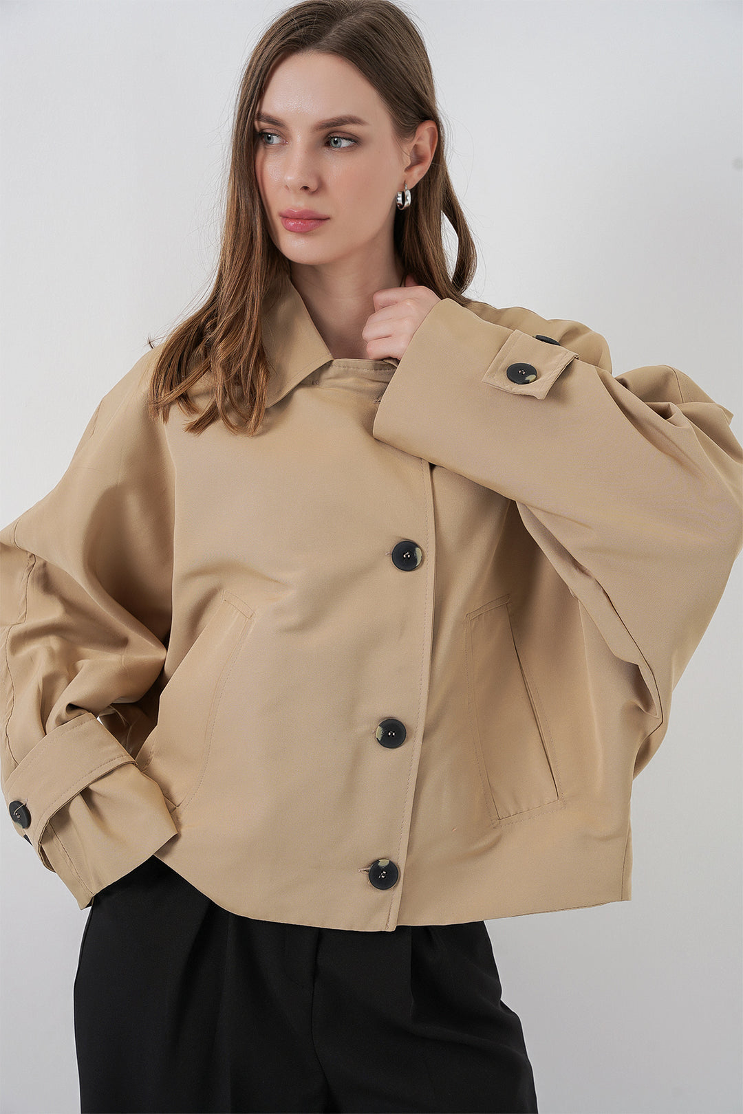BGD Women Kadın Oversize Kısa Trençkot 5977 - Bej - Narva