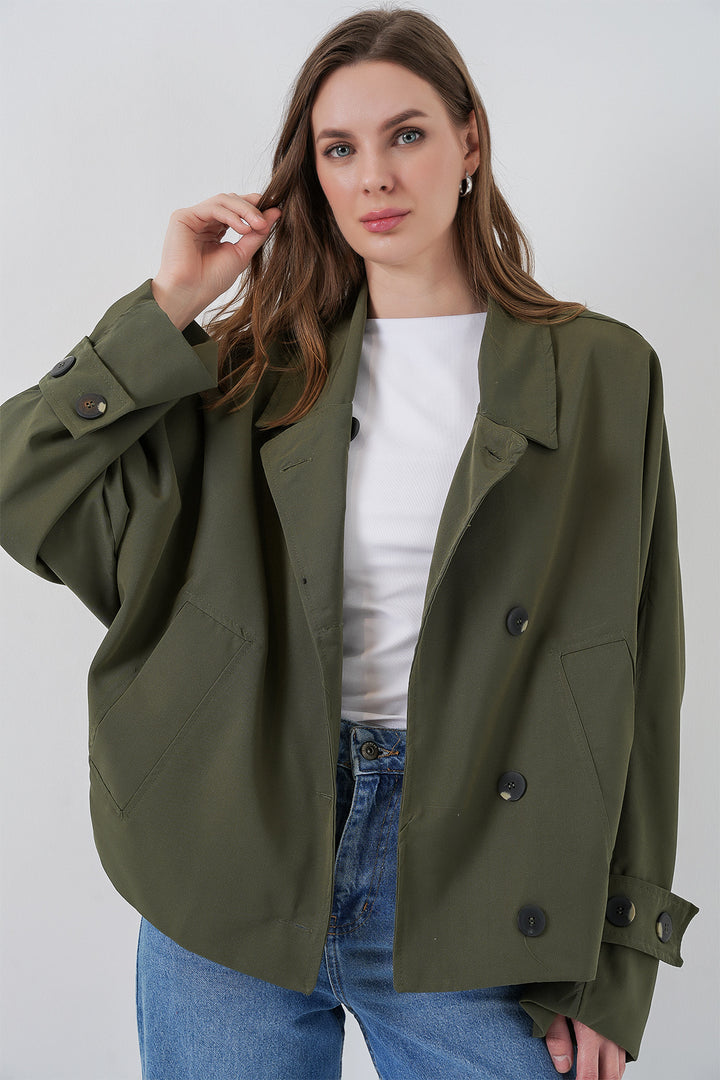BGD Women Kadın Oversize Kısa Trençkot 5977 - Haki - Gjilan