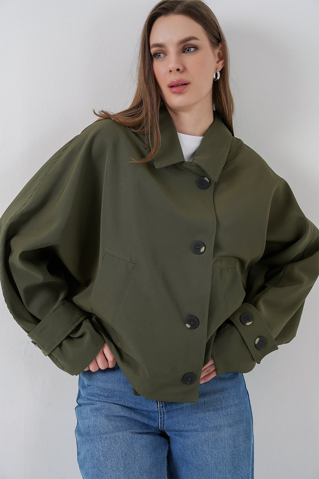 BGD Women Kadın Oversize Kısa Trençkot 5977 - Haki - Gjilan
