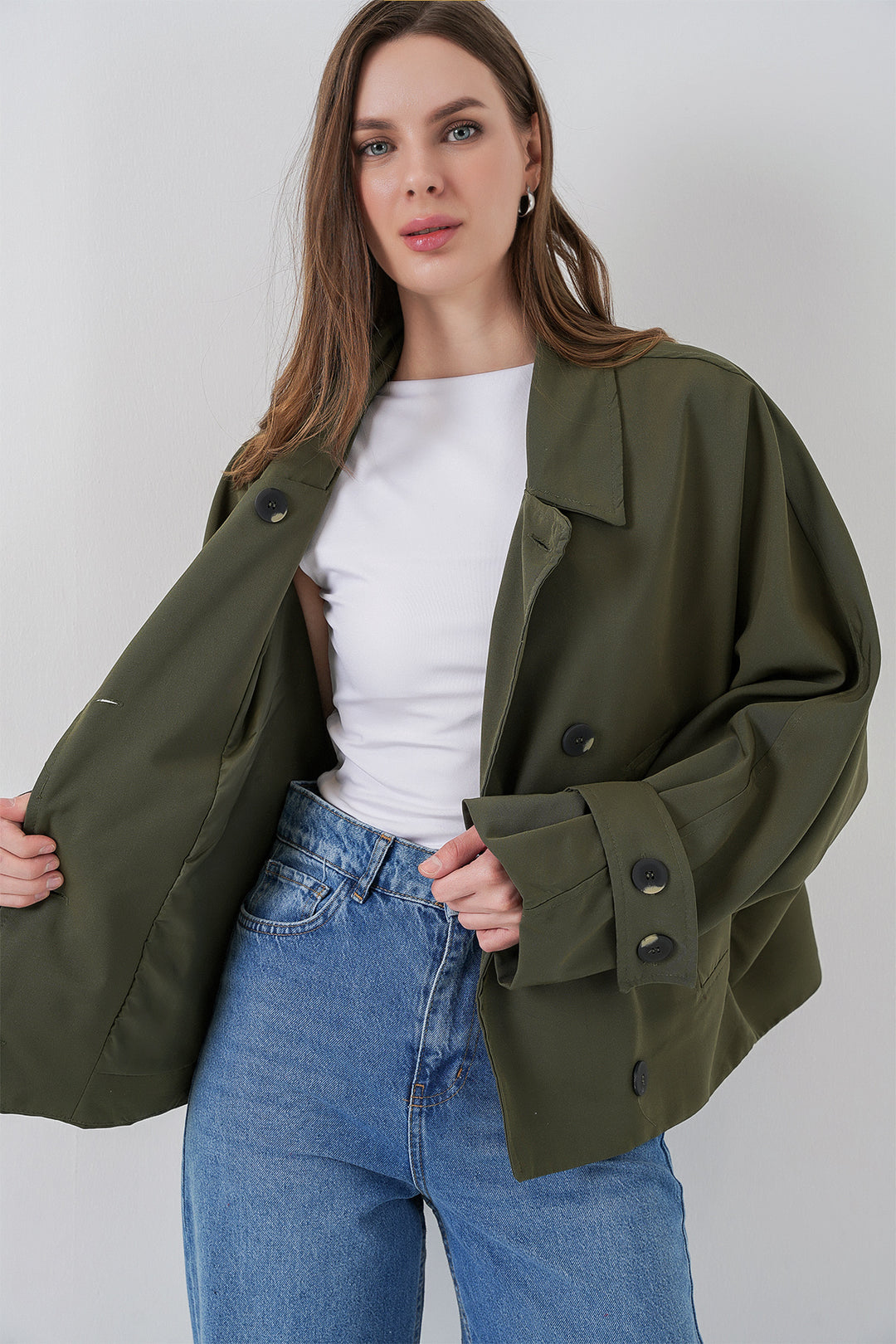 BGD Women Kadın Oversize Kısa Trençkot 5977 - Haki - Gjilan