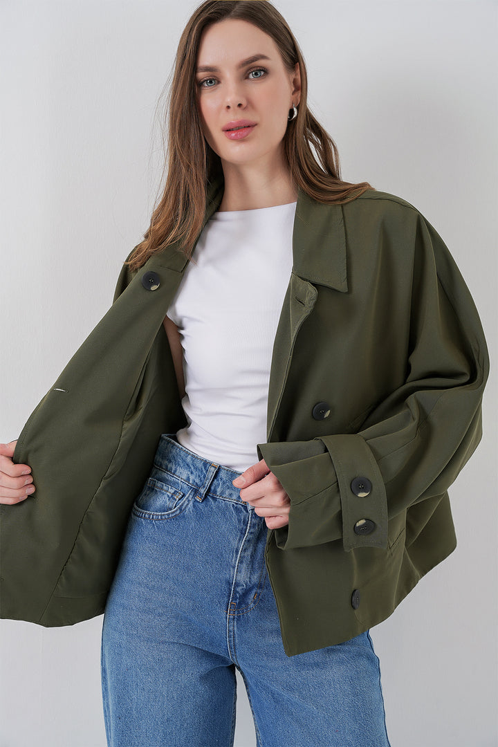 BGD Women Kadın Oversize Kısa Trençkot 5977 - Haki - Gjilan