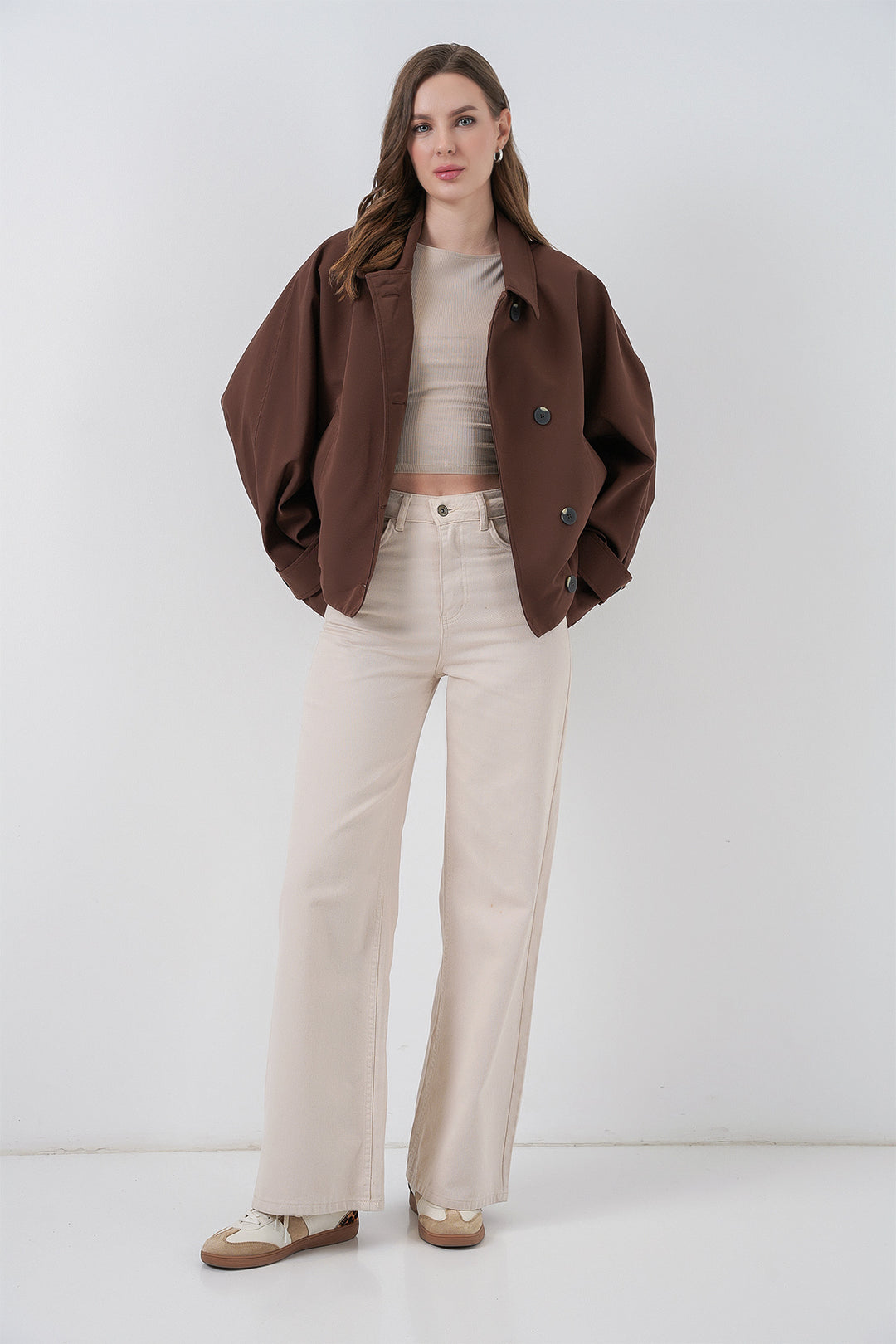 BGD Women Kadın Oversize Kısa Trençkot 5977 - Kahverengi - Ciudad Benito Juárez