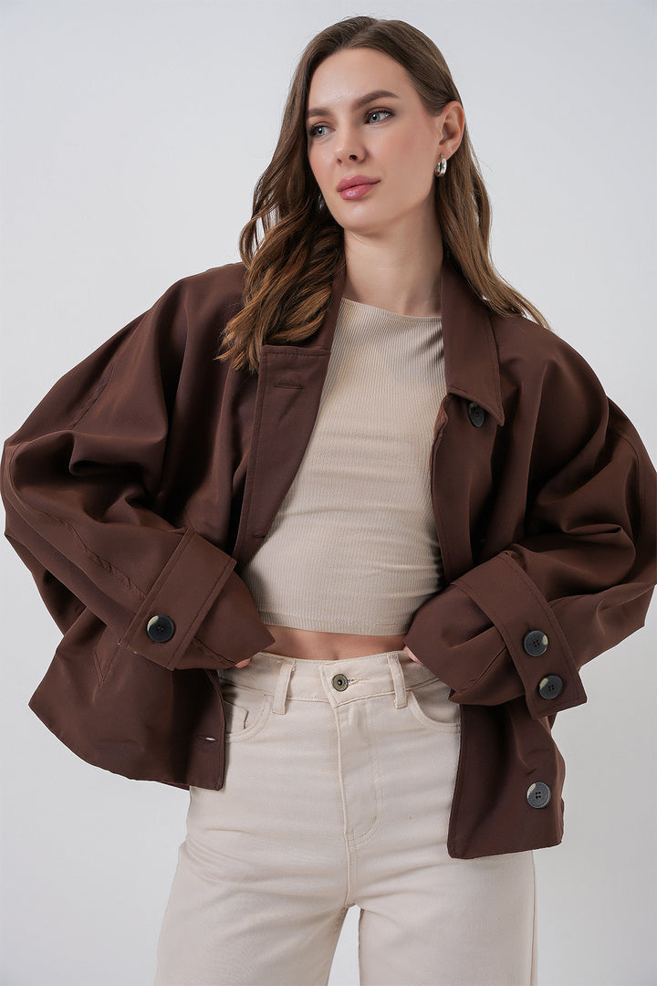 BGD Women Kadın Oversize Kısa Trençkot 5977 - Kahverengi - Ciudad Benito Juárez