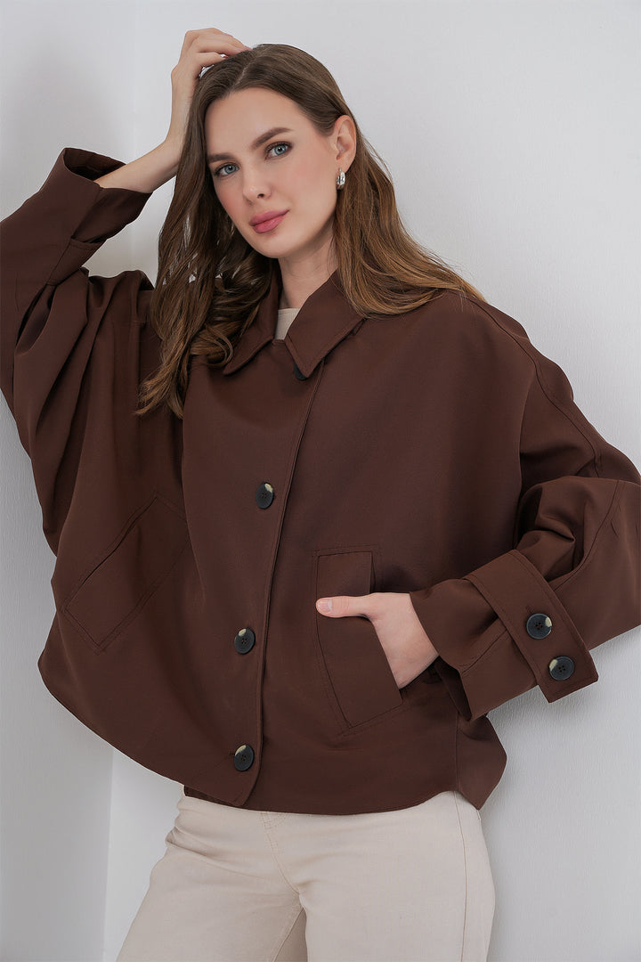 BGD Women Kadın Oversize Kısa Trençkot 5977 - Kahverengi - Ciudad Benito Juárez