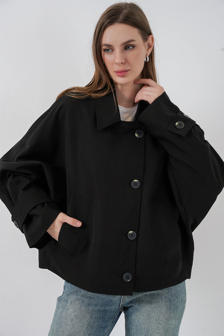 BGD Women Women's Oversized Short Trench Coat 5977 - Black - Quimper