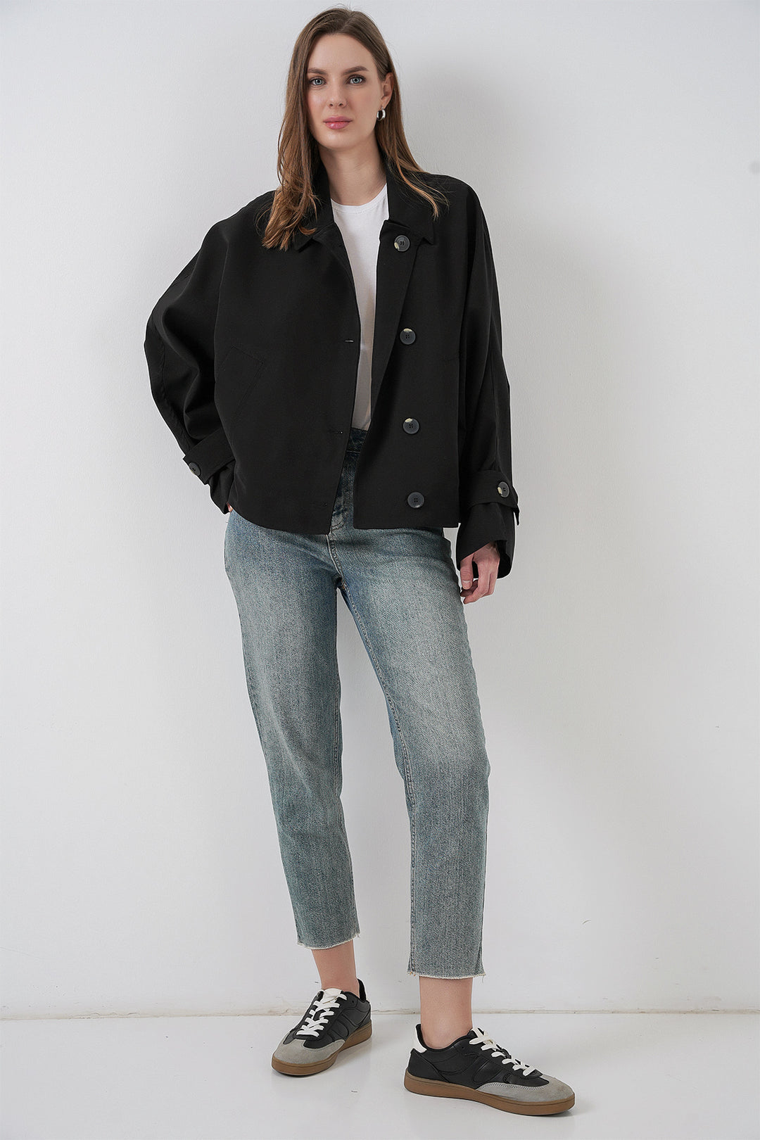 BGD Women Women's Oversized Short Trench Coat 5977 - Black - Quimper