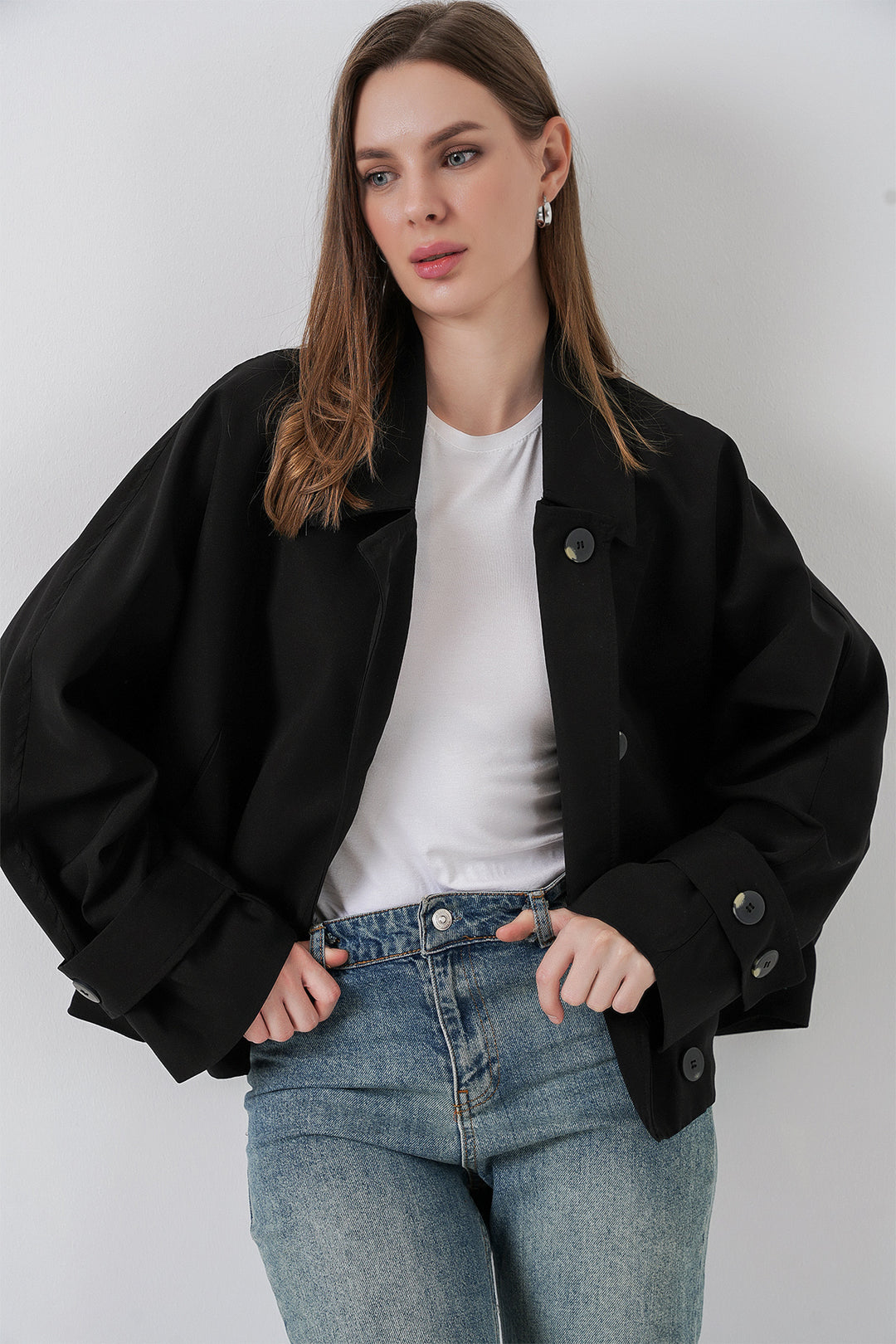 BGD Women Women's Oversized Short Trench Coat 5977 - Black - Quimper