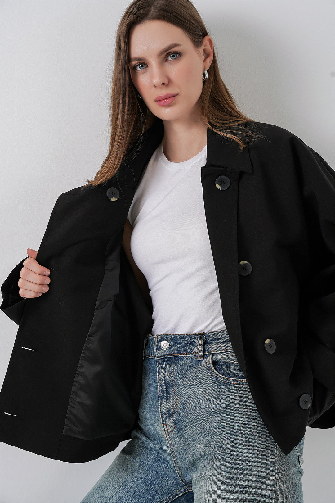 BGD Women Women's Oversized Short Trench Coat 5977 - Black - Quimper