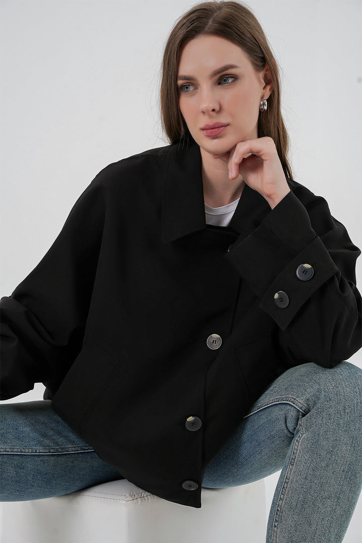 BGD Women Women's Oversized Short Trench Coat 5977 - Black - Quimper