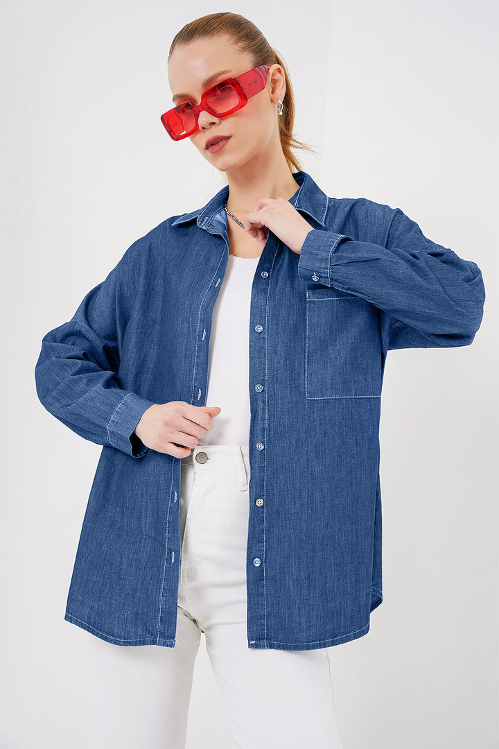 BGD Women Women's Oversize Denim Shirt 20280 - Navy Blue - Ciudad Madero