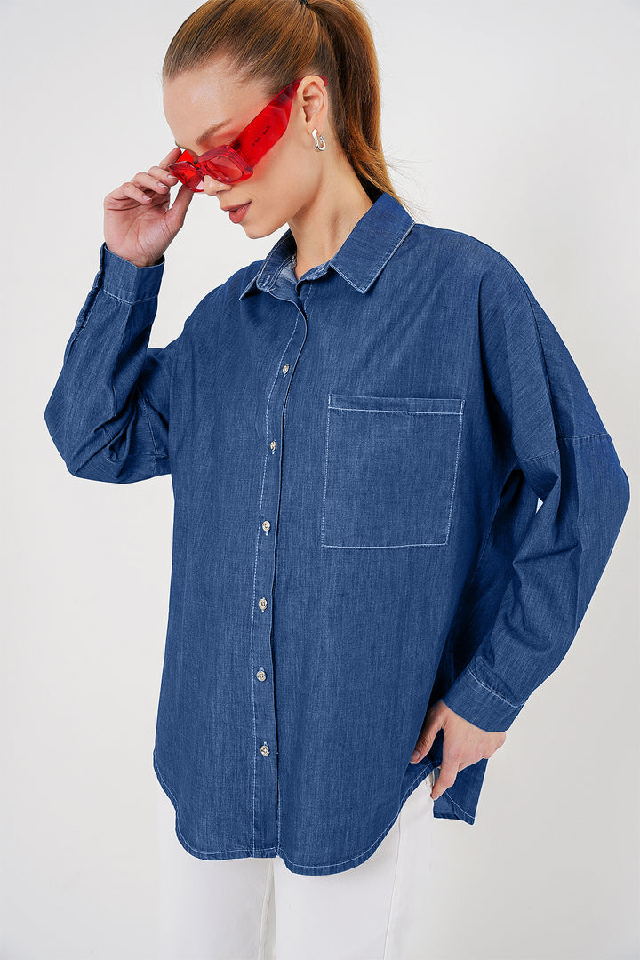 BGD Women Women's Oversize Denim Shirt 20280 - Navy Blue - Ciudad Madero