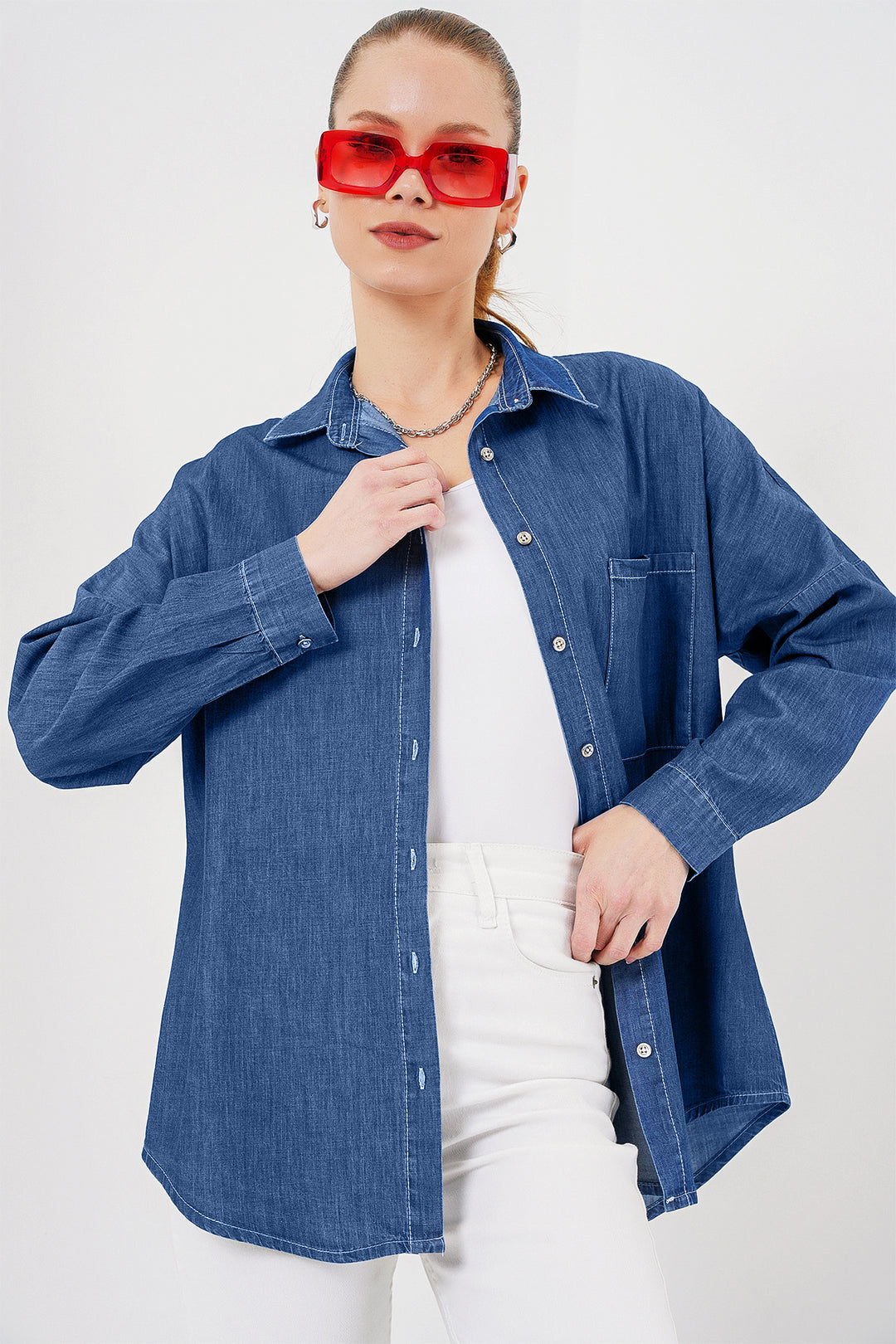 BGD Women Women's Oversize Denim Shirt 20280 - Navy Blue - Ciudad Madero
