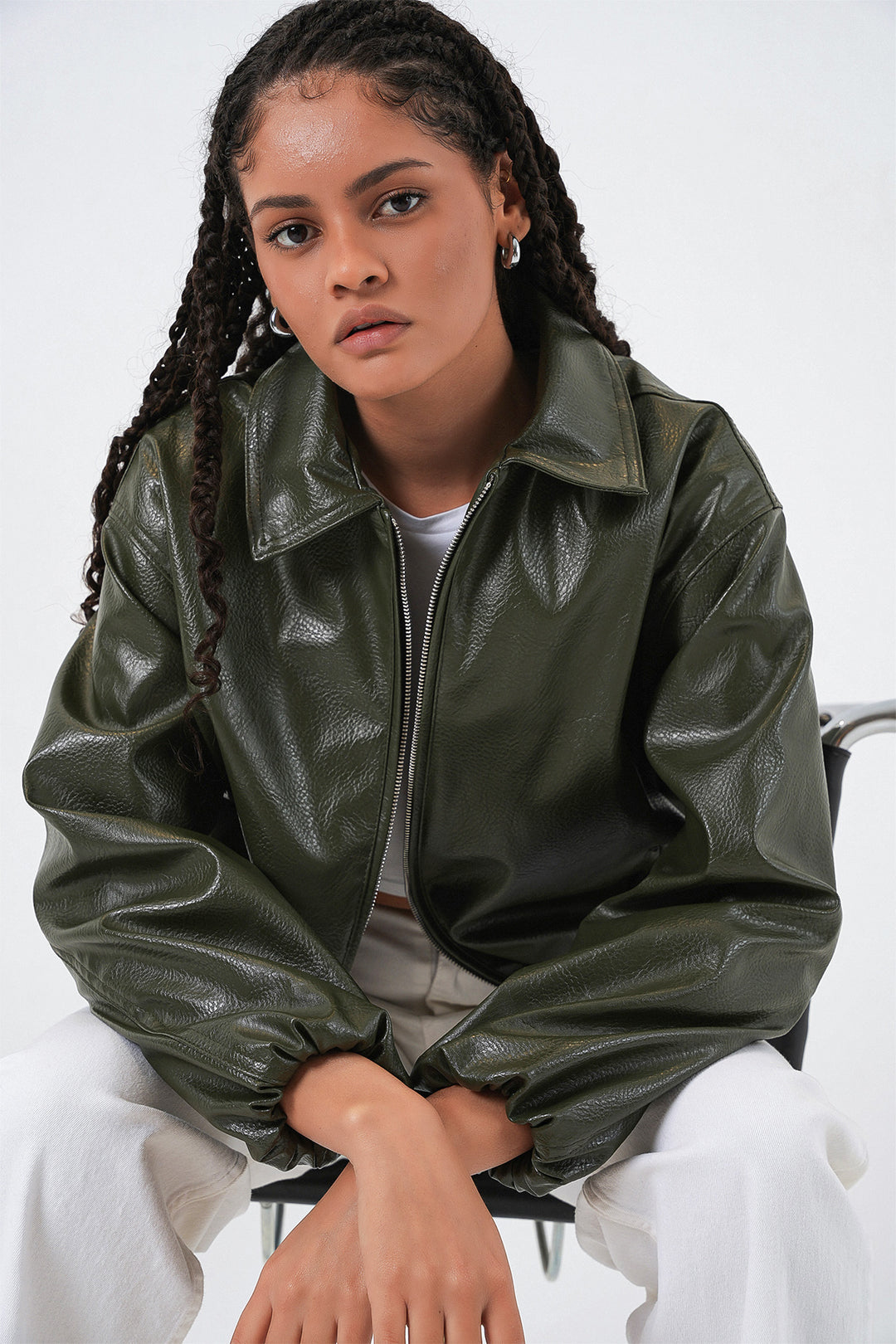 BGD Women Kadın Oversize Suni Deri Ceket 1049 - Haki - Glen Burnie