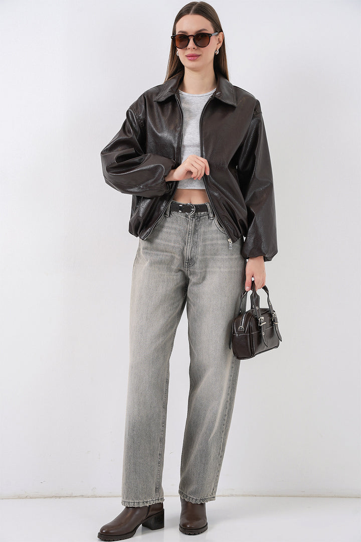 BGD Women Kadın Oversize Suni Deri Ceket 1049 - Kahverengi - DeSoto