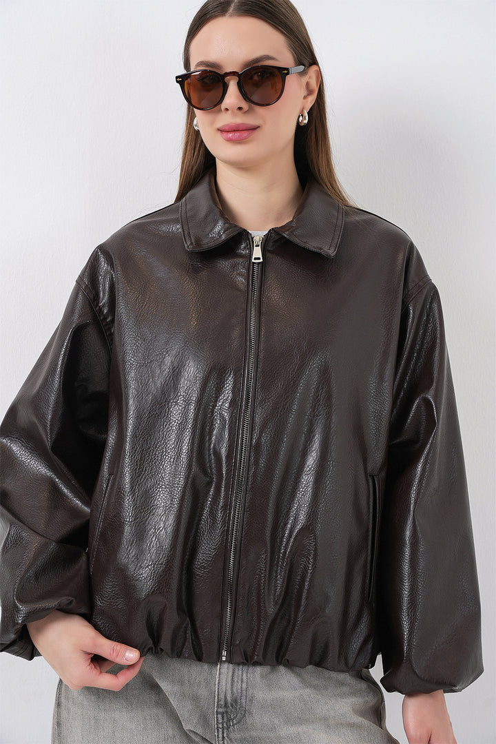BGD Women Kadın Oversize Suni Deri Ceket 1049 - Kahverengi - DeSoto
