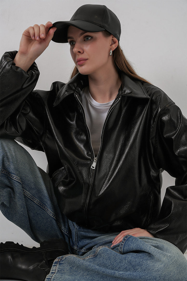 BGD Women Women's Oversize Faux Leather Jacket 1049 - Black - Des Plaines