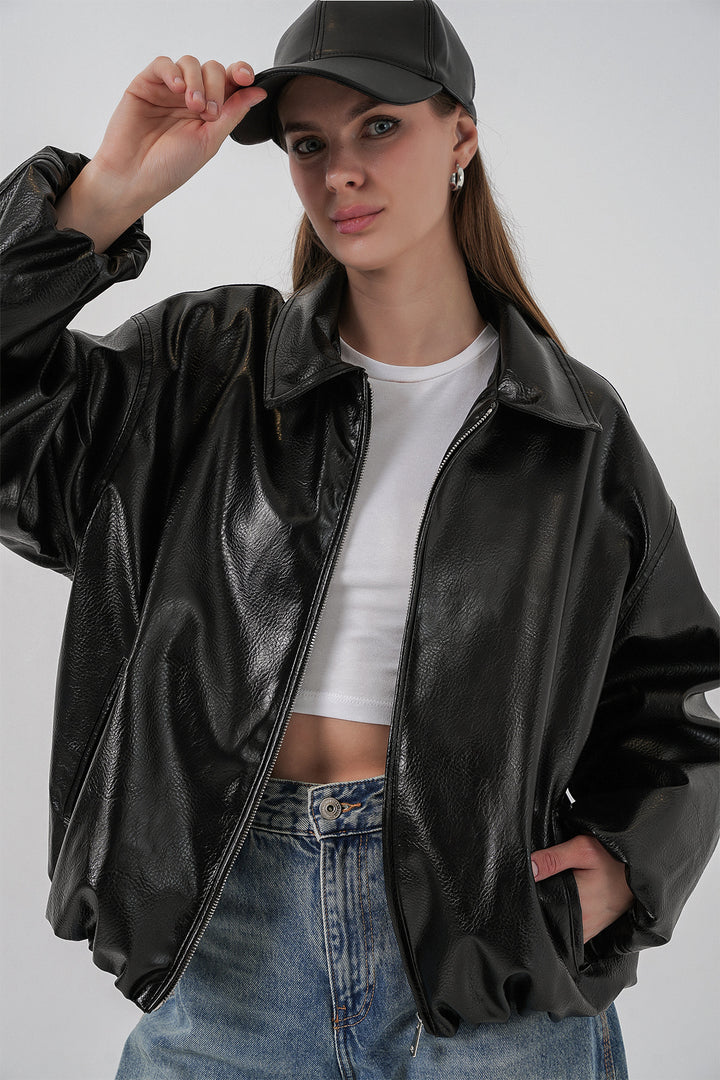 BGD Women Women's Oversize Faux Leather Jacket 1049 - Black - Des Plaines