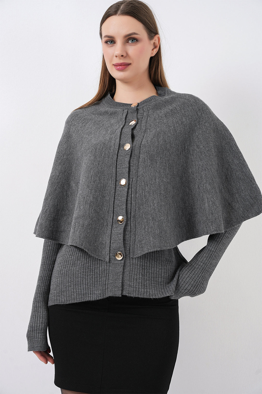 BGD Women Kadın Pelerinli Triko Hırka 15967 - Antrasit - Stourbridge