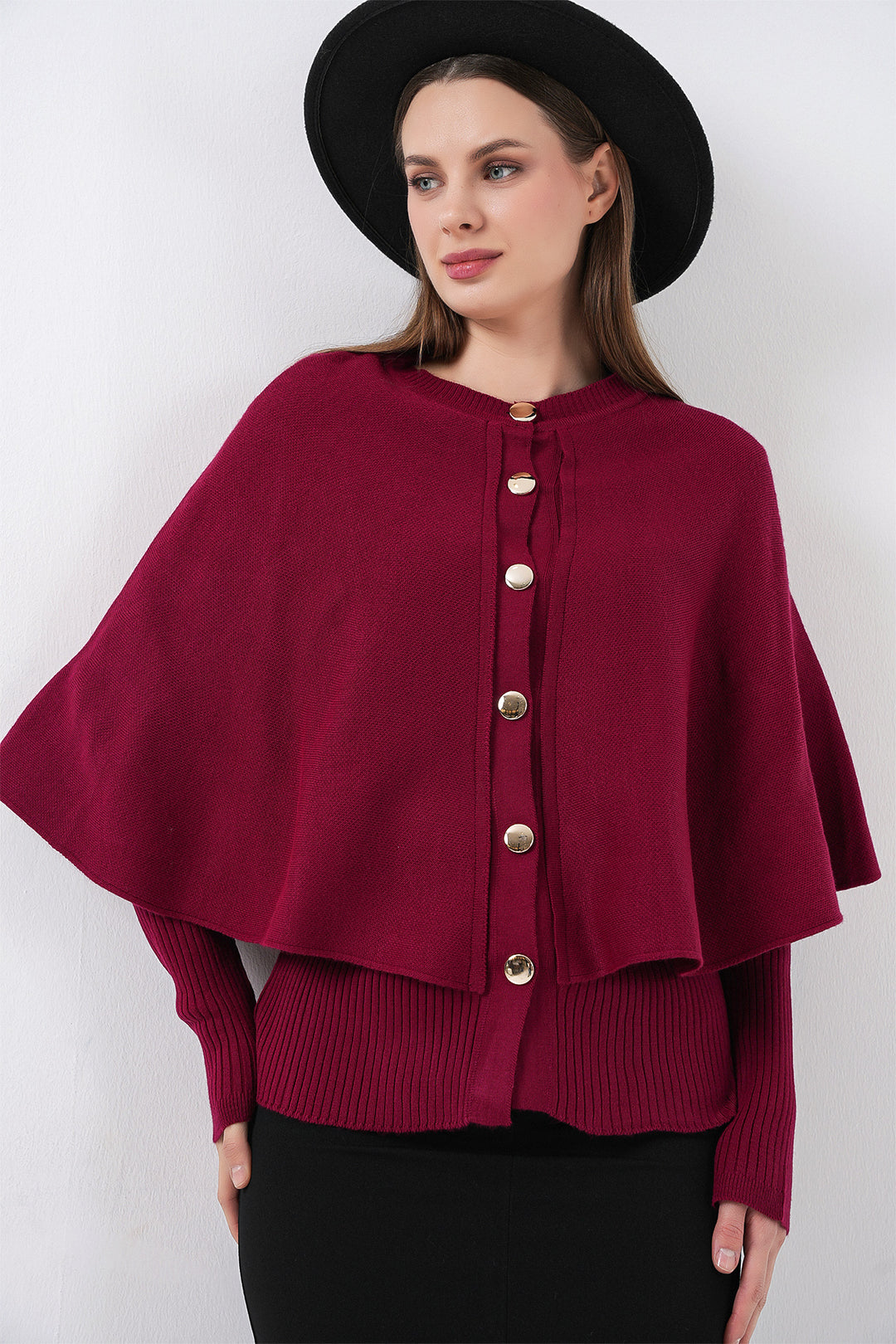 BGD Women Kadın Pelerinli Triko Hırka 15967 - Bordo - Bedford