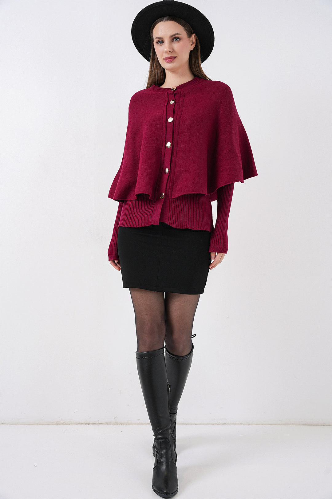 BGD Women Kadın Pelerinli Triko Hırka 15967 - Bordo - Bedford