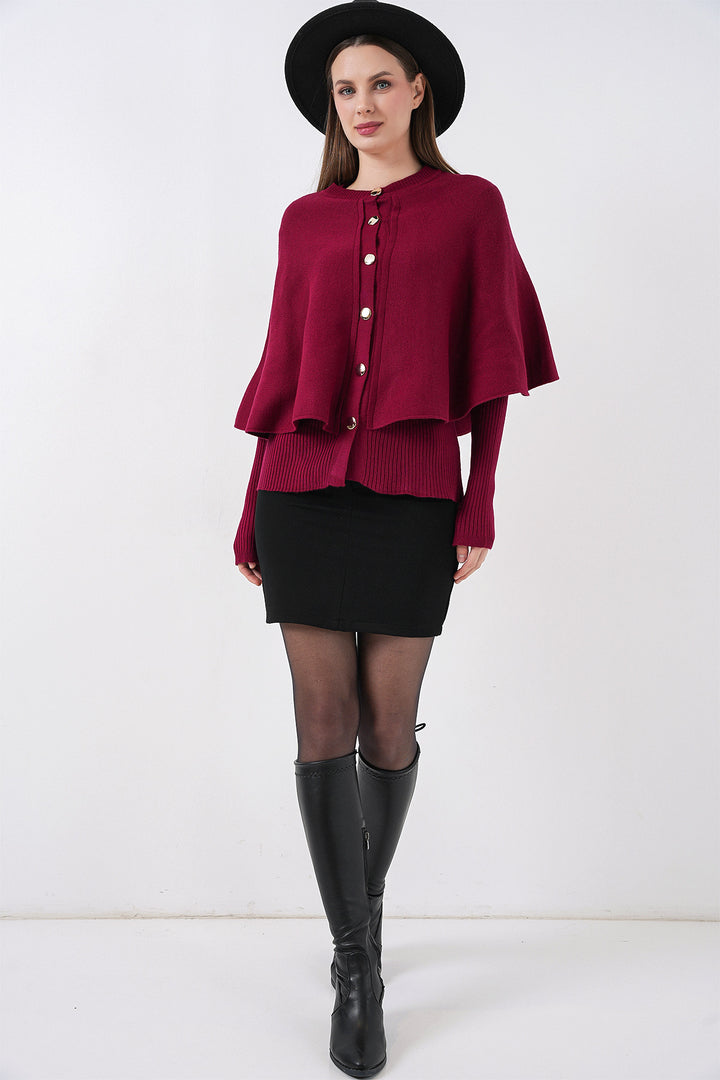 BGD Women Kadın Pelerinli Triko Hırka 15967 - Bordo - Bedford