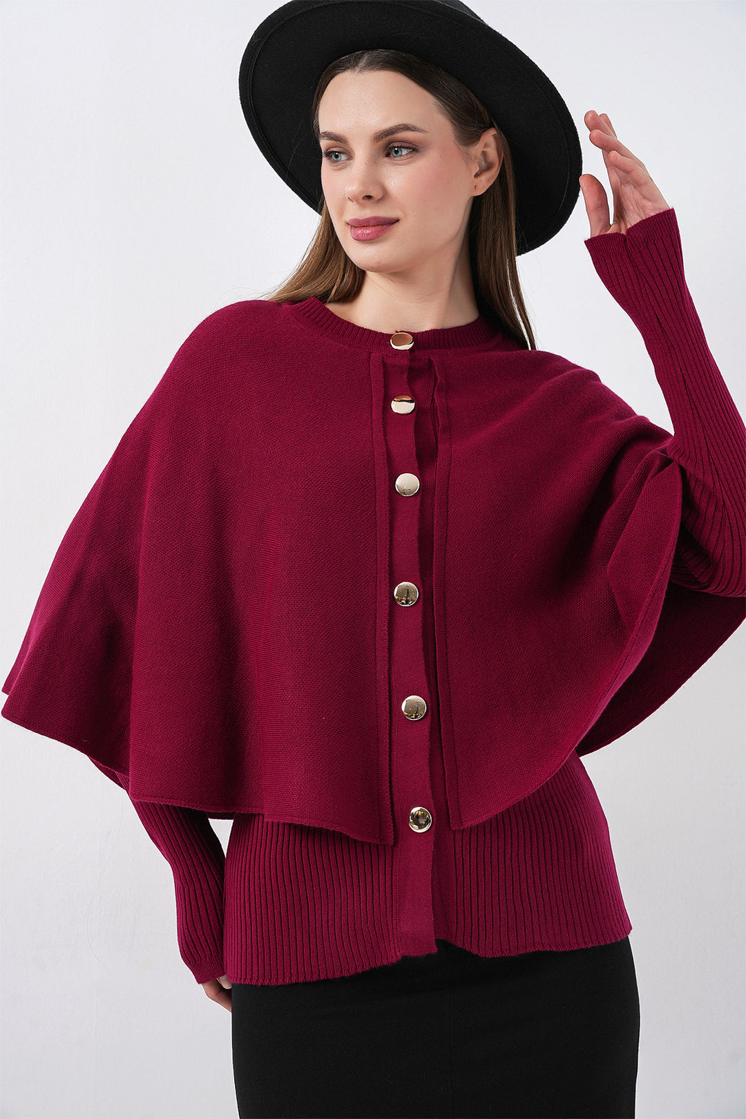 BGD Women Kadın Pelerinli Triko Hırka 15967 - Bordo - Bedford