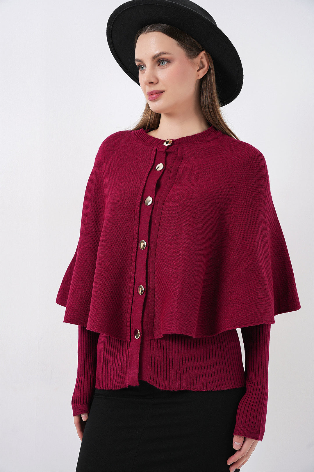BGD Women Kadın Pelerinli Triko Hırka 15967 - Bordo - Bedford