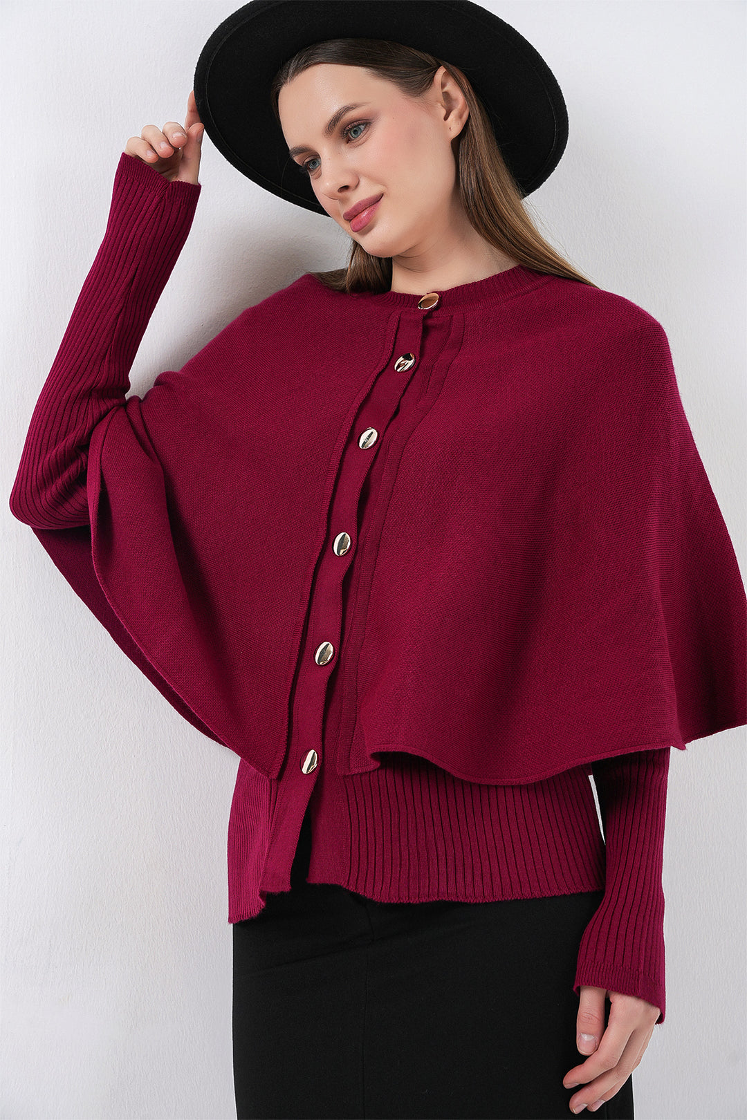 BGD Women Kadın Pelerinli Triko Hırka 15967 - Bordo - Bedford
