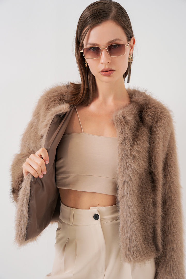 BGD Women Women's Plush Fur Coat 5225 - Biscuit - Kropyvnytskyi