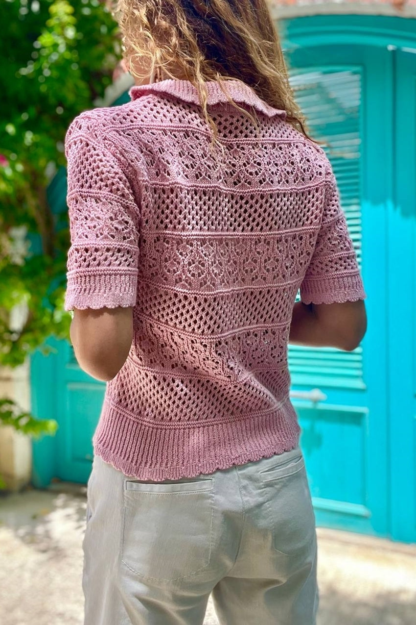 GNS Woman Pink Self-Patterned Openwork Polo Neck Sweater Blouse BST-T204 - Falls