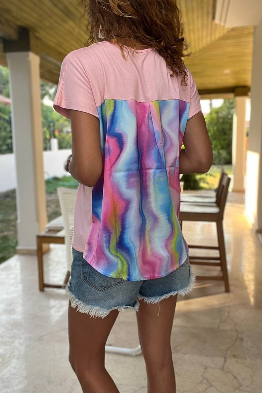 GNS Woman Pink Color Yarn Dyed Single Pocket V Neck Loose Fit T-Shirt Bst3426 - Colima