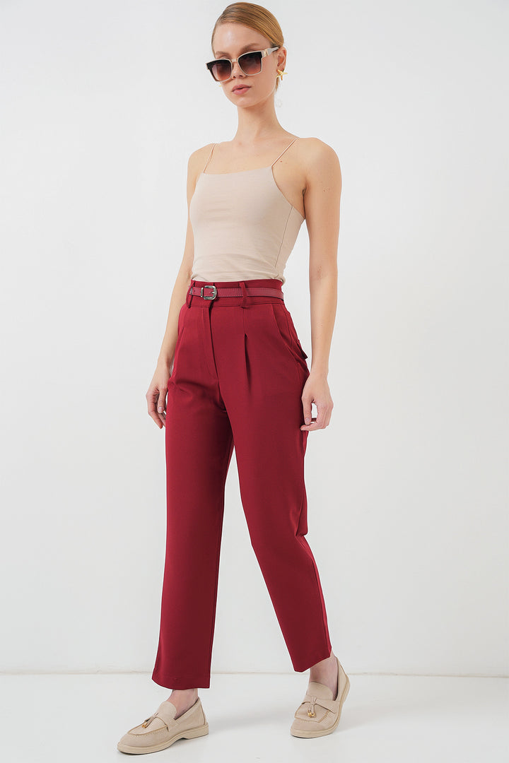 BGD Women Women's Pleated Belted Fabric Pants 6725 - Red - Park Ridge