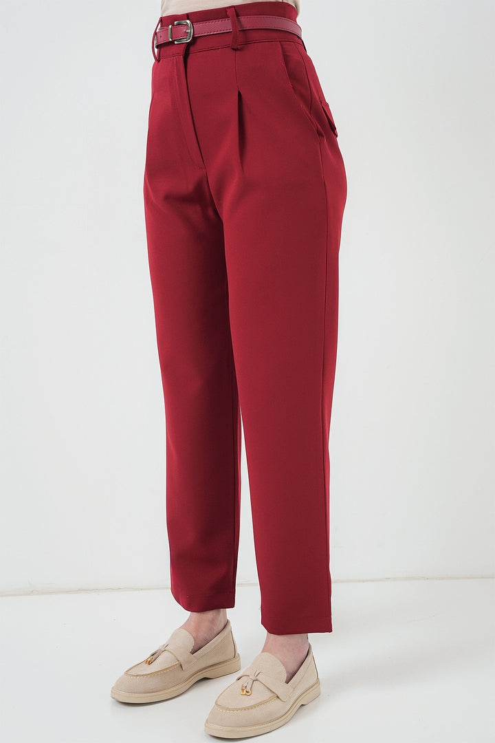 BGD Women Women's Pleated Belted Fabric Pants 6725 - Red - Park Ridge