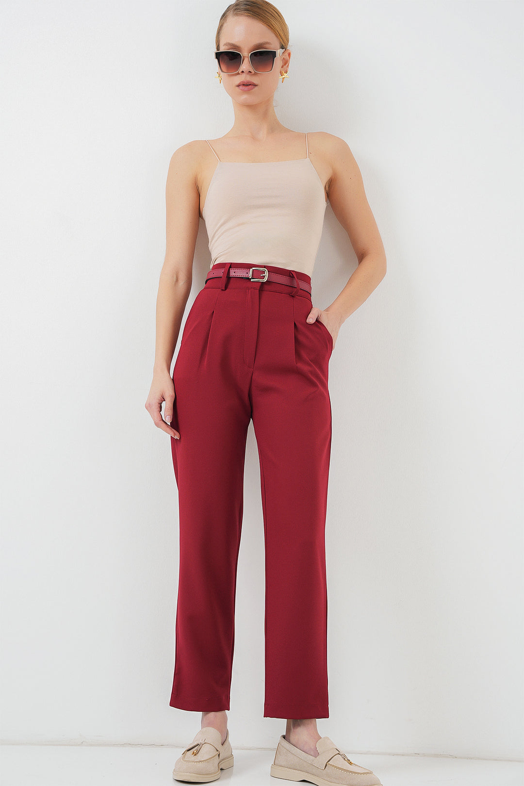 BGD Women Women's Pleated Belted Fabric Pants 6725 - Red - Park Ridge