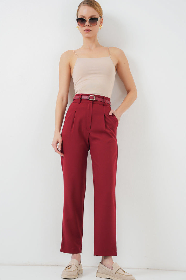BGD Women Women's Pleated Belted Fabric Pants 6725 - Red - Park Ridge