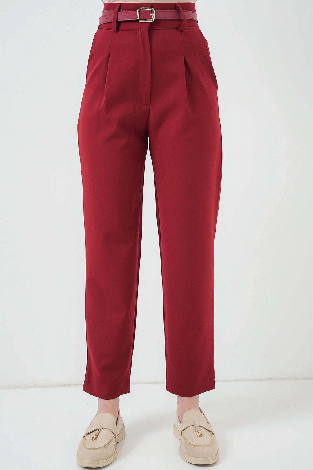 BGD Women Women's Pleated Belted Fabric Pants 6725 - Red - Park Ridge