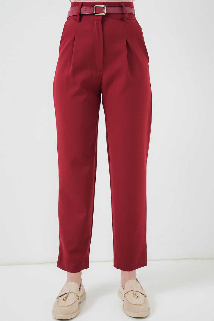 BGD Women Women's Pleated Belted Fabric Pants 6725 - Red - Park Ridge