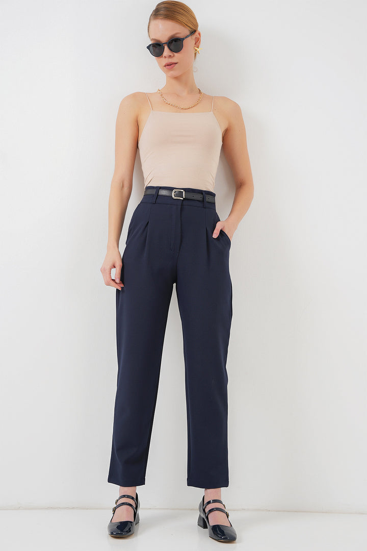 BGD Women Women's Pleated Belted Fabric Trousers 6725 - Navy Blue - Oviedo