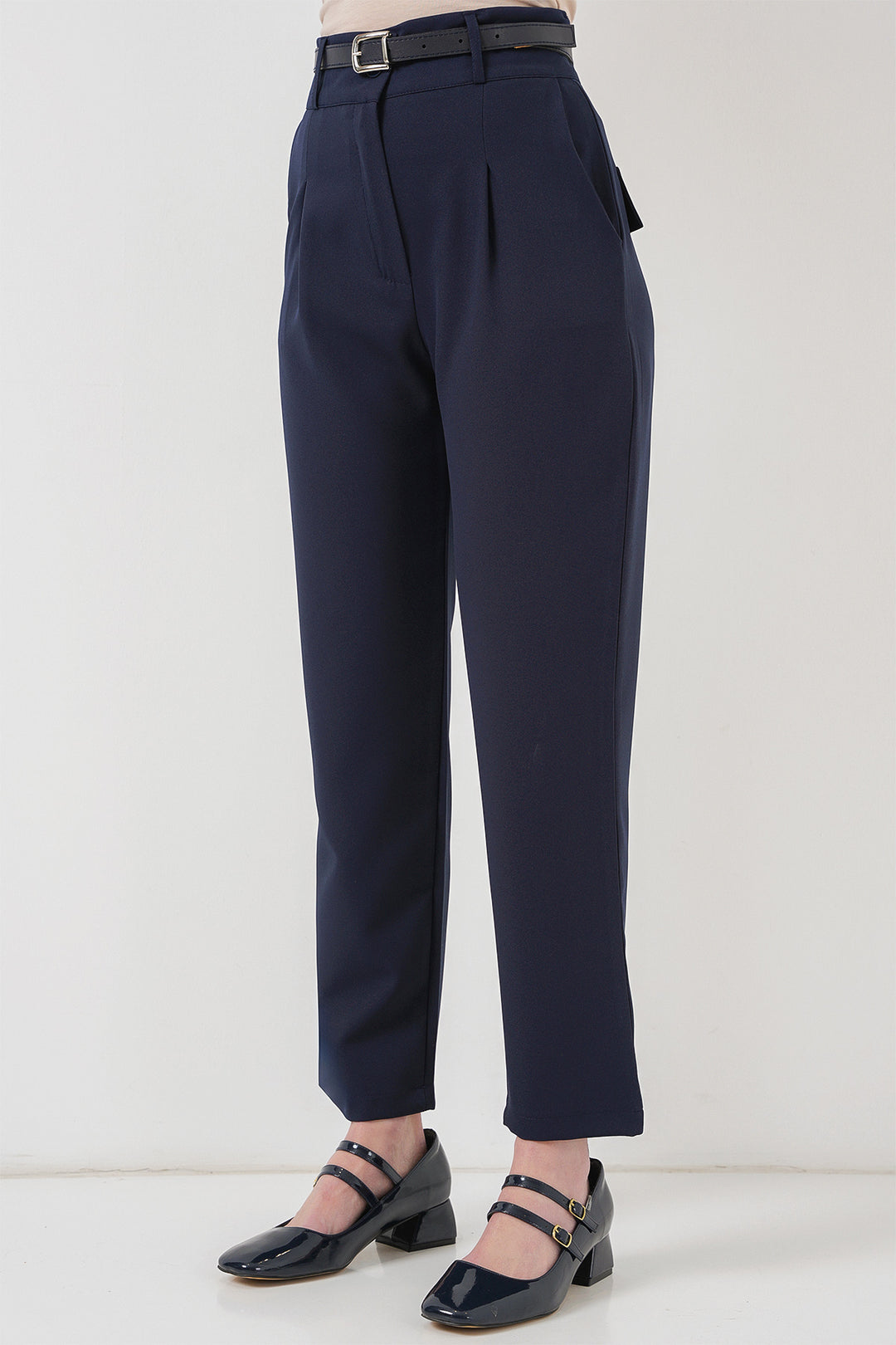 BGD Women Women's Pleated Belted Fabric Trousers 6725 - Navy Blue - Oviedo
