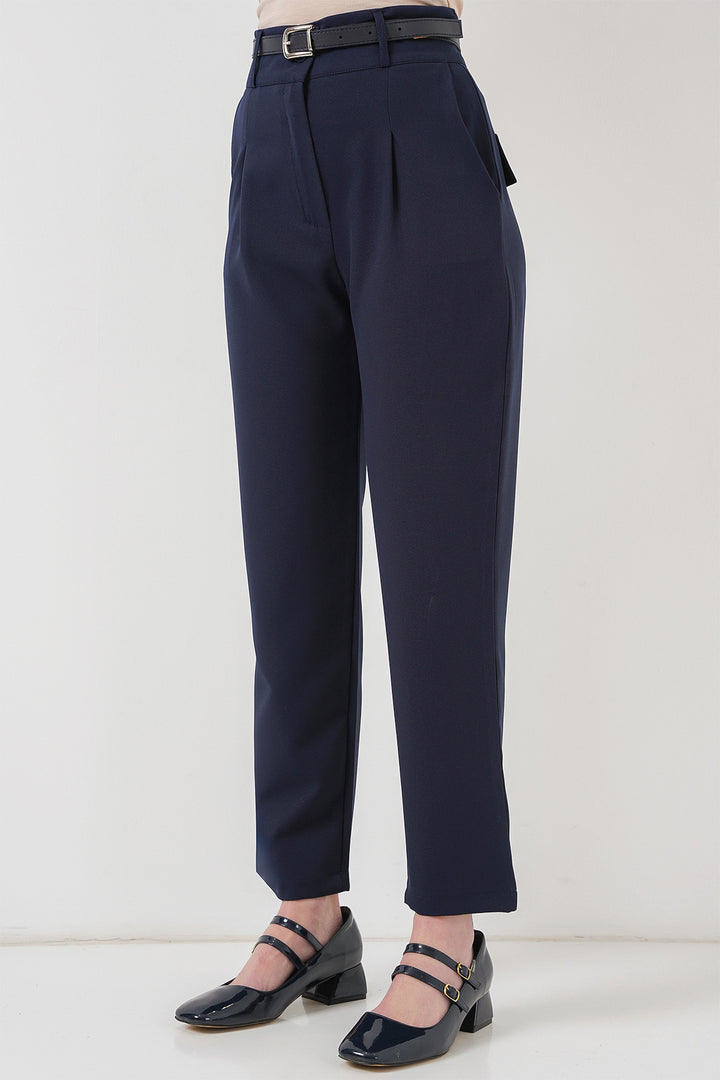 BGD Women Women's Pleated Belted Fabric Trousers 6725 - Navy Blue - Oviedo