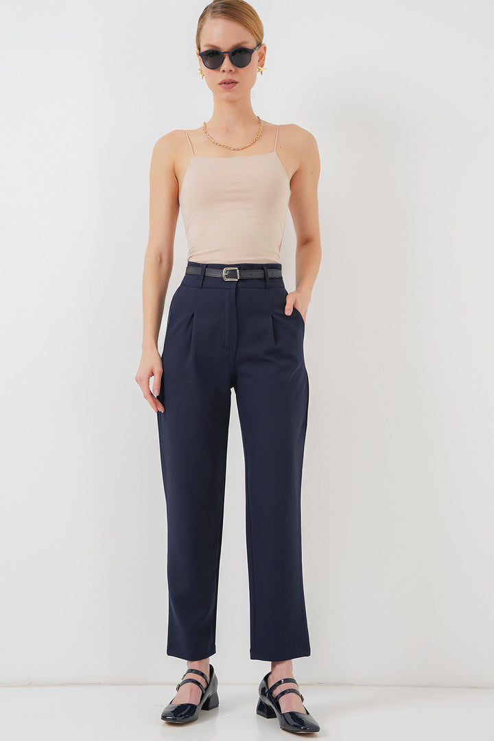 BGD Women Women's Pleated Belted Fabric Trousers 6725 - Navy Blue - Oviedo