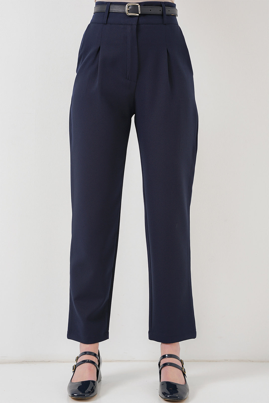 BGD Women Women's Pleated Belted Fabric Trousers 6725 - Navy Blue - Oviedo