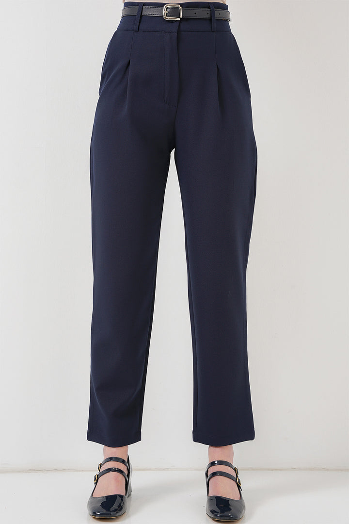 BGD Women Women's Pleated Belted Fabric Trousers 6725 - Navy Blue - Oviedo