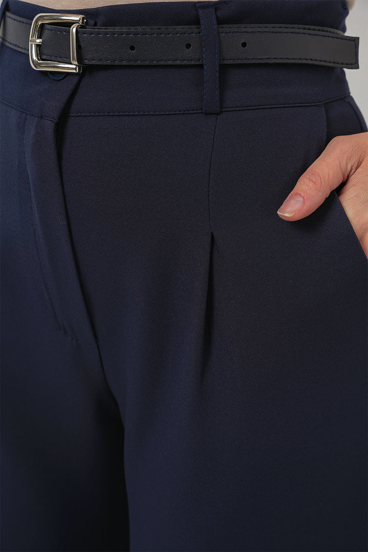 BGD Women Women's Pleated Belted Fabric Trousers 6725 - Navy Blue - Oviedo
