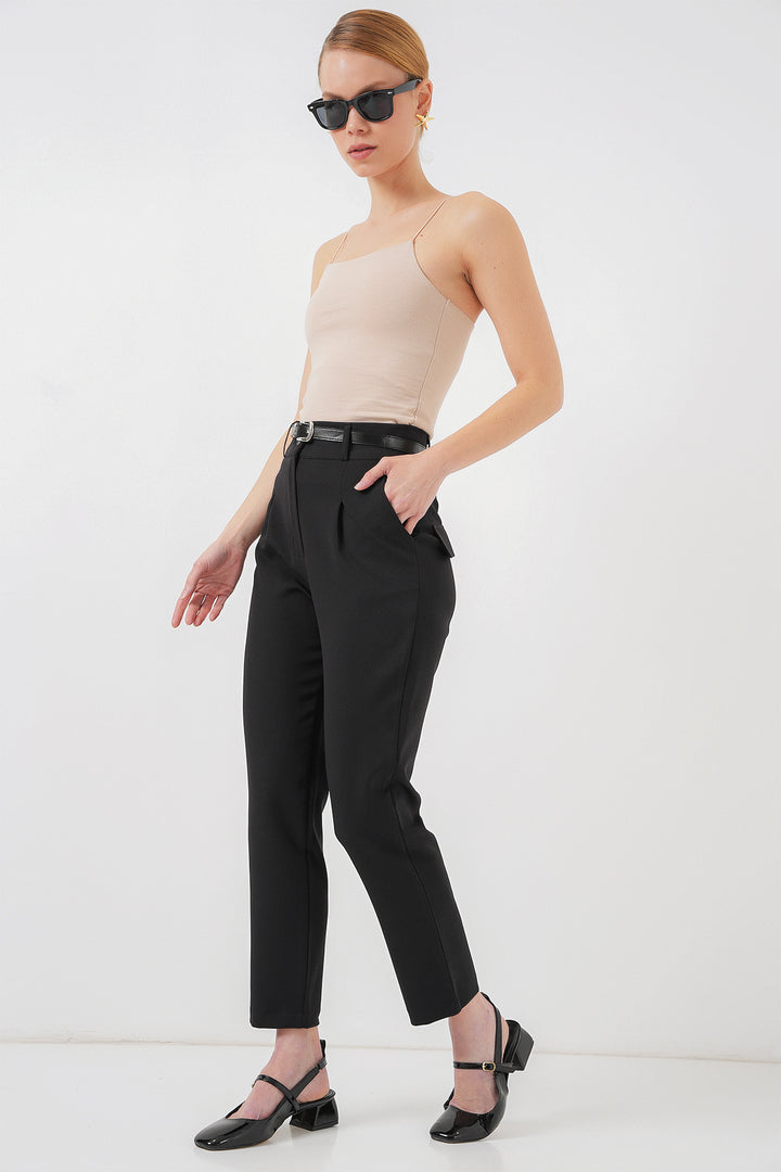BGD Women Women's Pleated Belted Fabric Trousers 6725 - Black - Kateríni