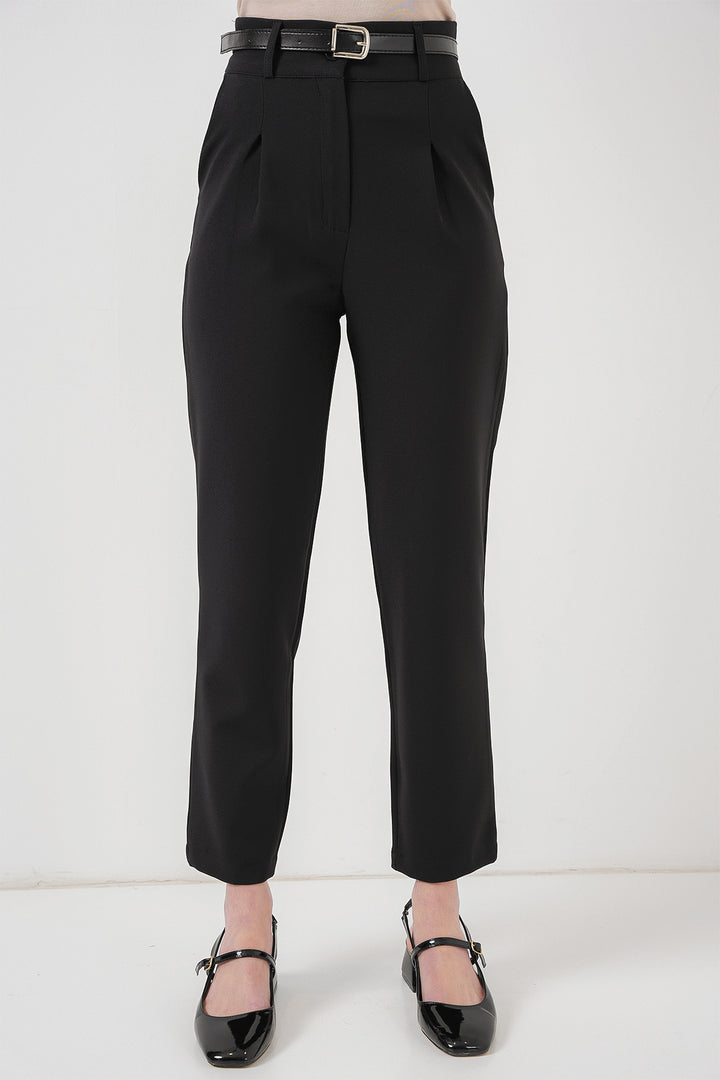 BGD Women Women's Pleated Belted Fabric Trousers 6725 - Black - Kateríni