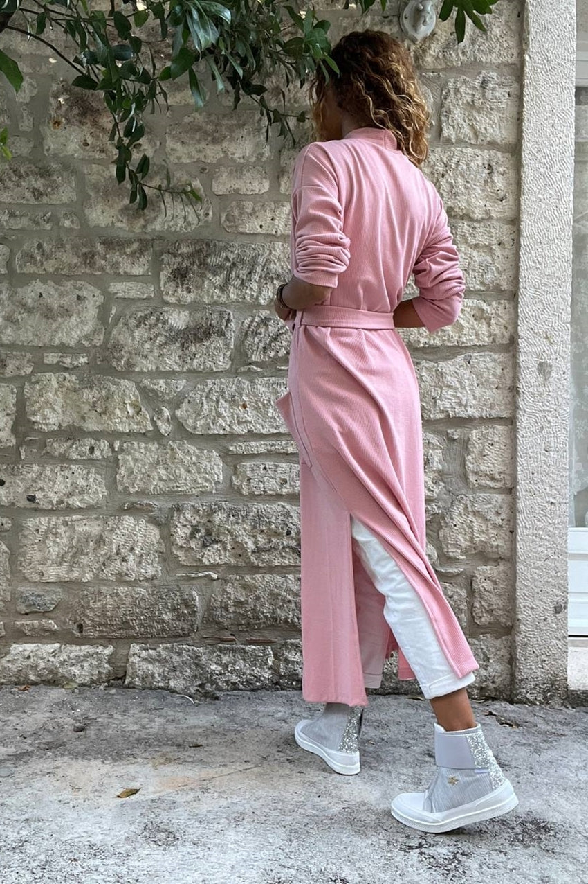 سترة GNS Woman فضفاضة ذات فتحة مزدوجة وحزام وجيوب وطويلة Bst3451 - سان جان سور ريشيليو